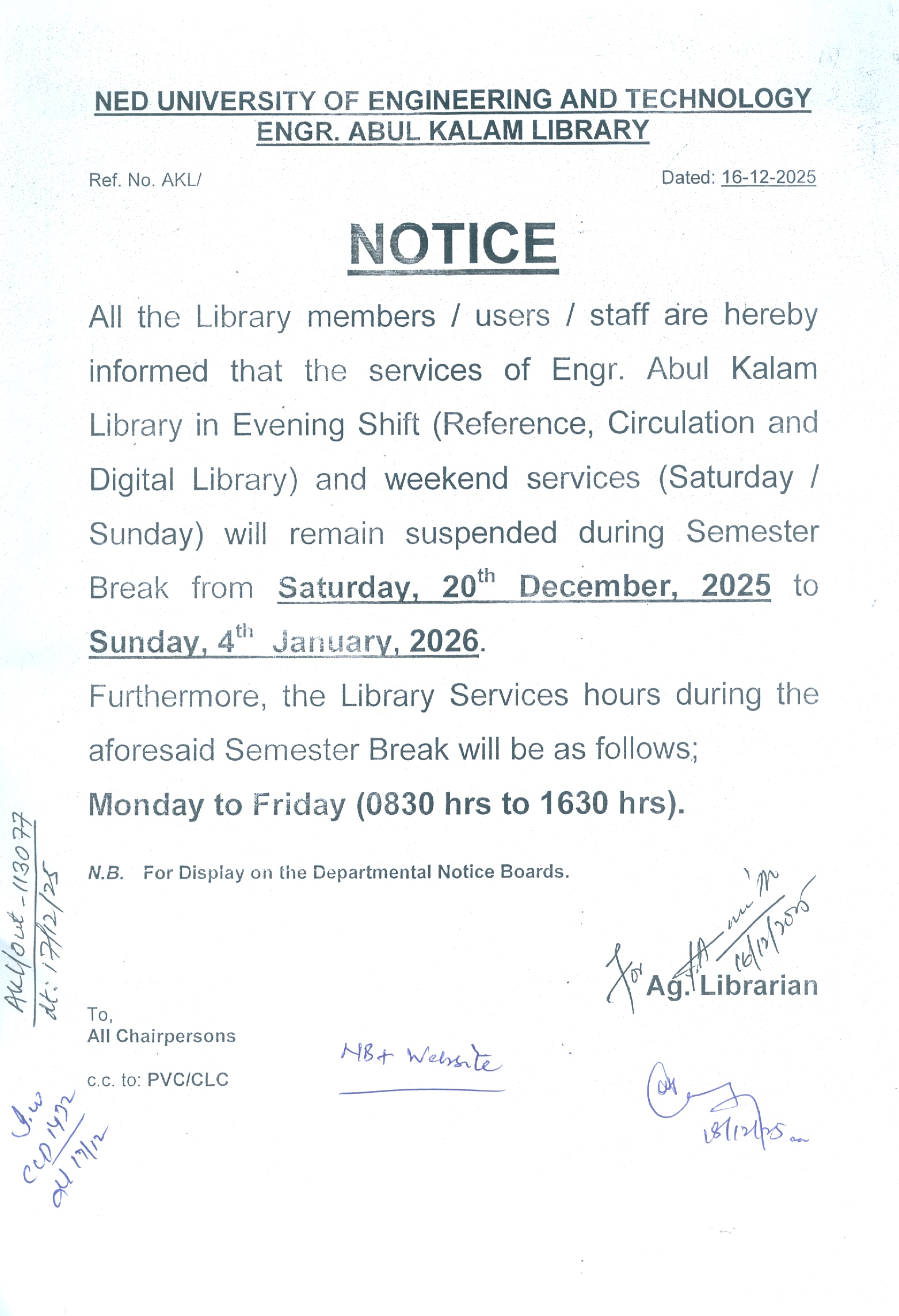 Engr Abul Kalam Library Timings Notice