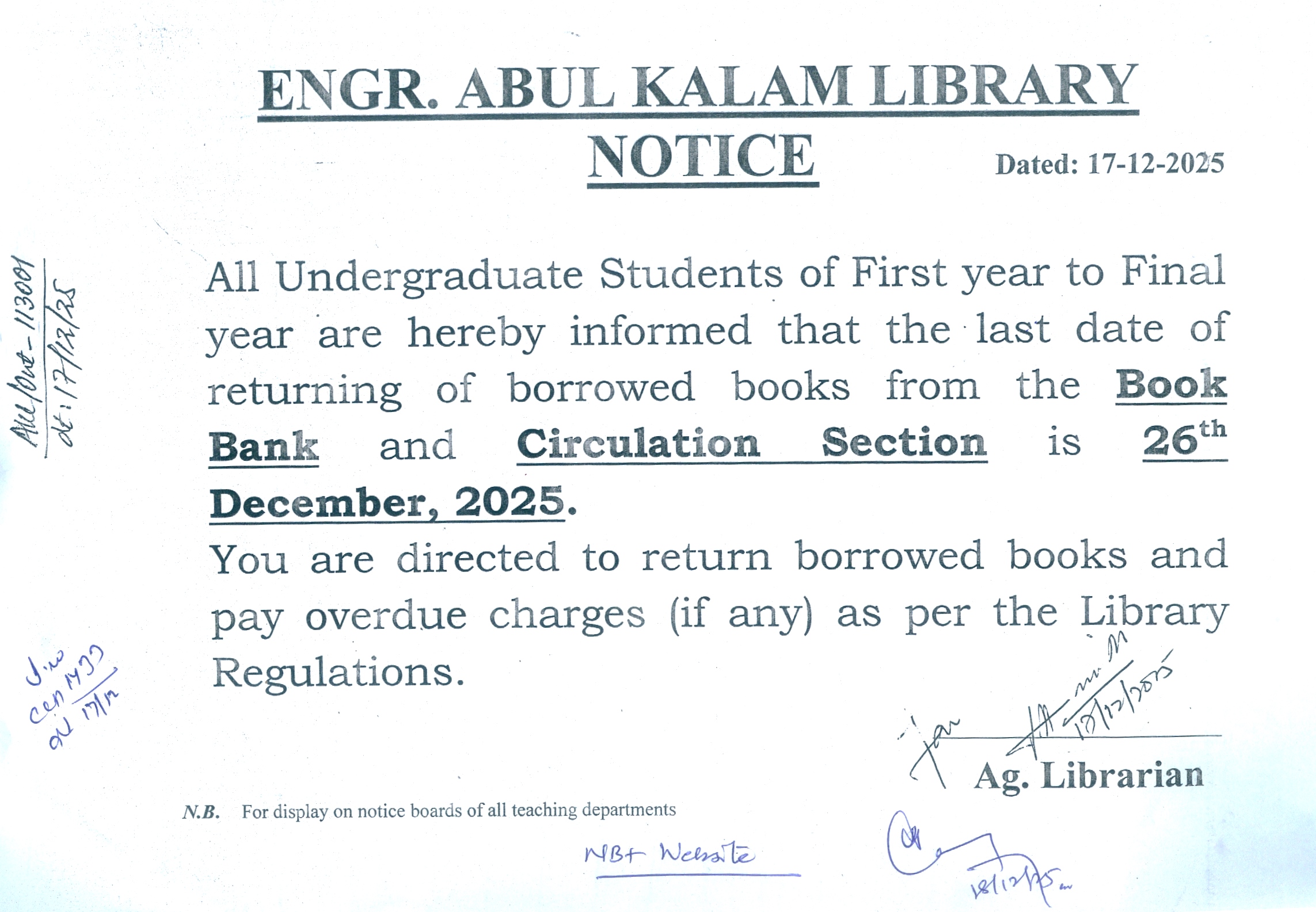 Engr Abul kalam Library Notice