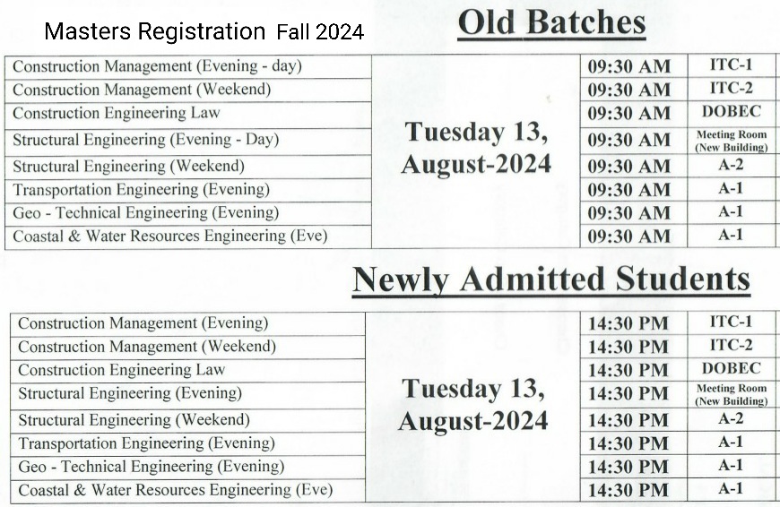 Masters Registration Schedule - Fall 2024 (Old & New Batches)