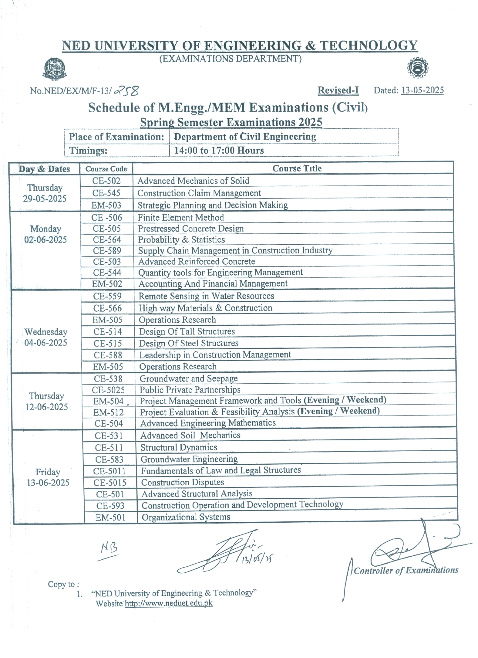 Masters Exam Schedule