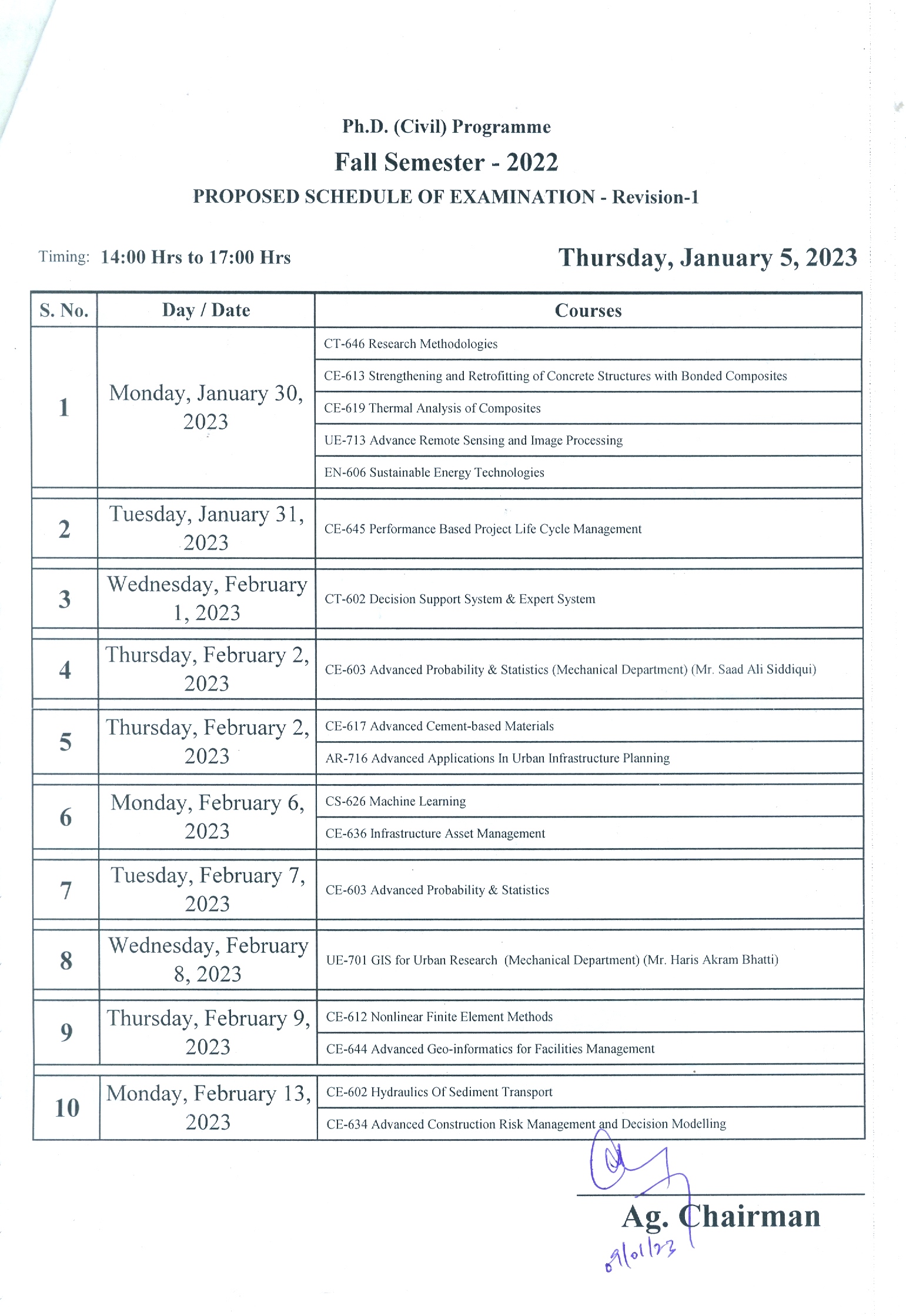 PhD Exam Timetable