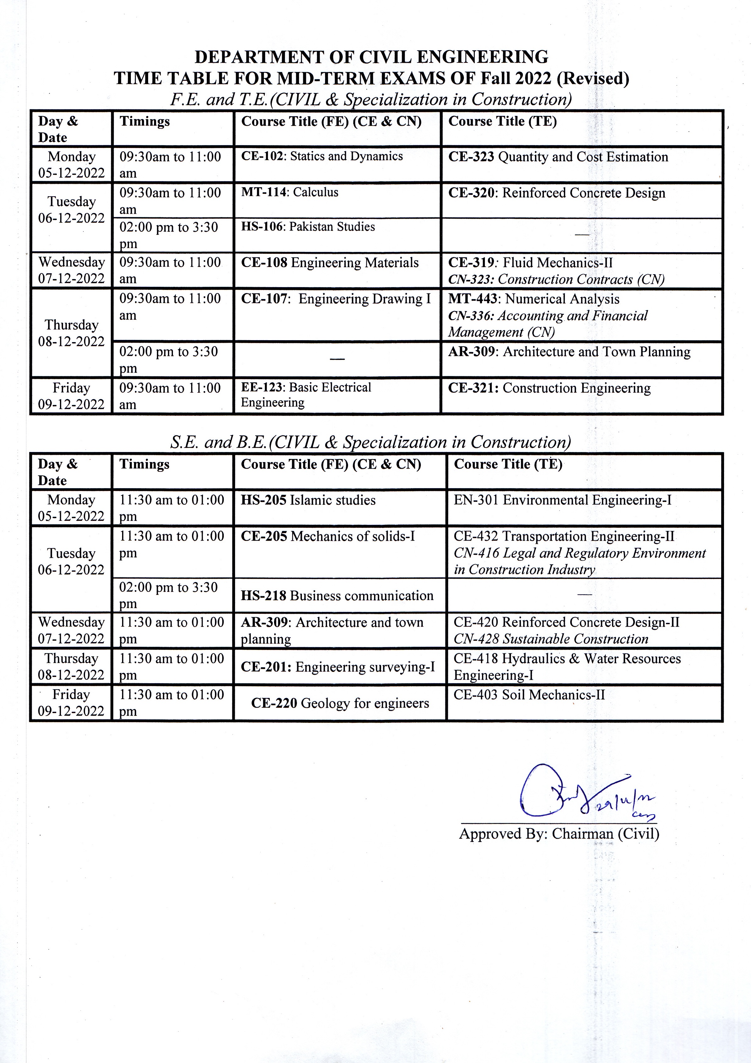 Time table for mid term exam