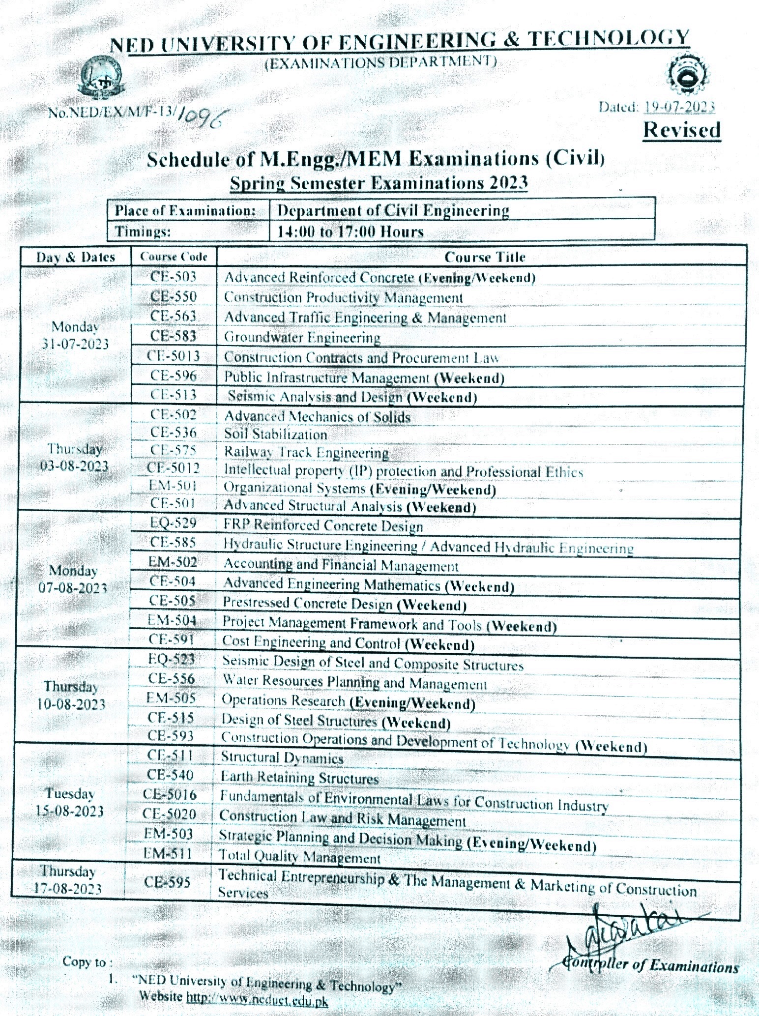 M. Engg proposed exam schedule