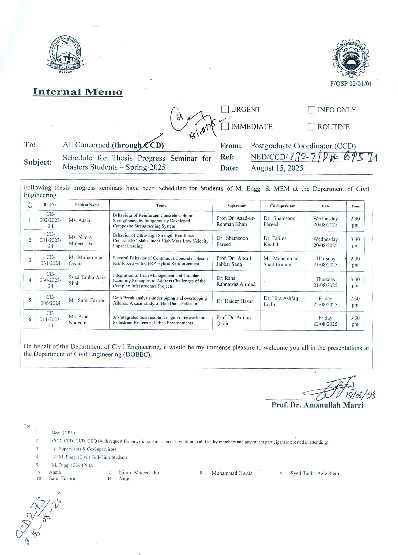 Schedule for Masters Thesis Programme