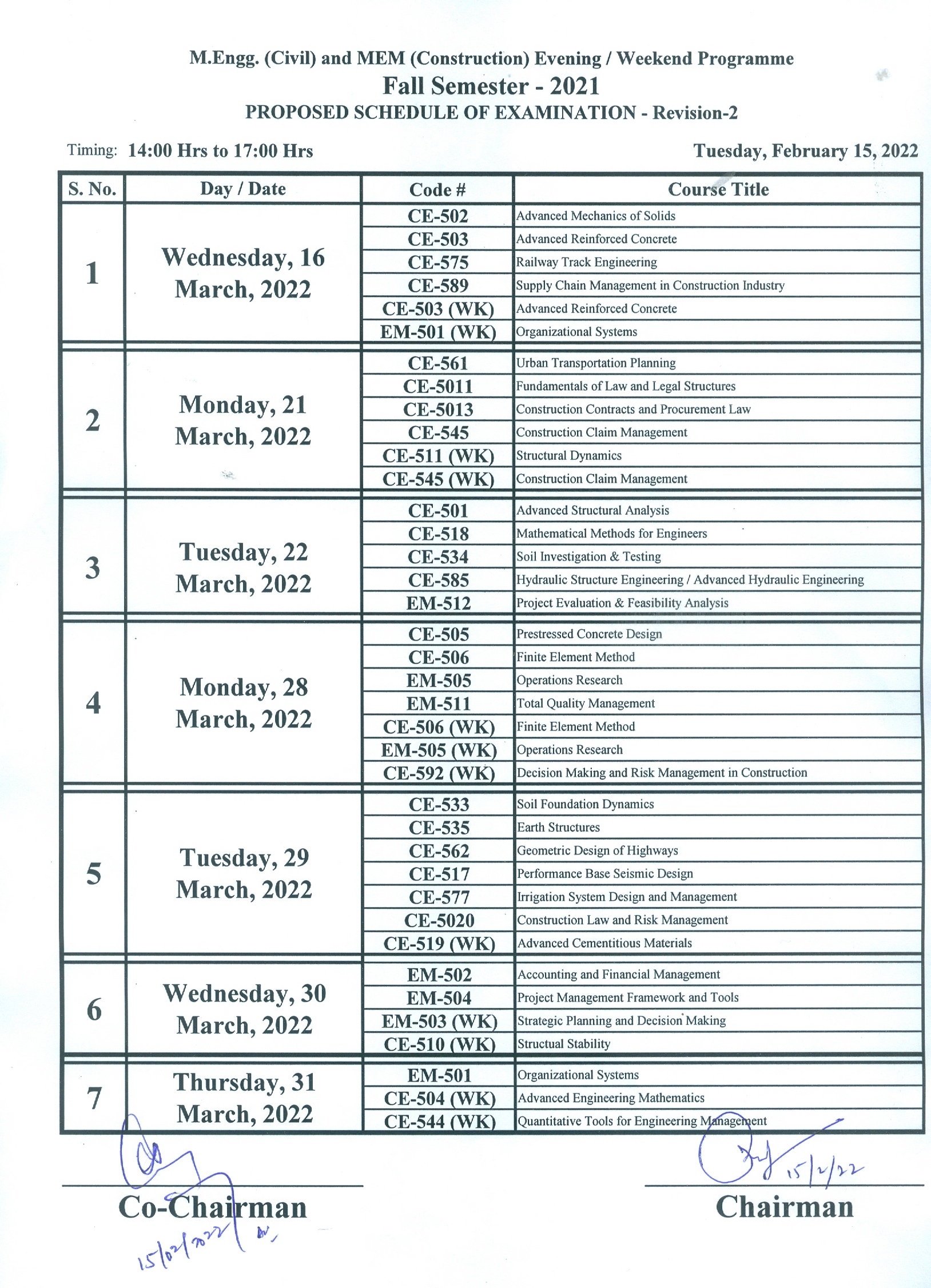 Proposed Schedule of Examination for Fall Semester 2021, M.Engg.(Civil