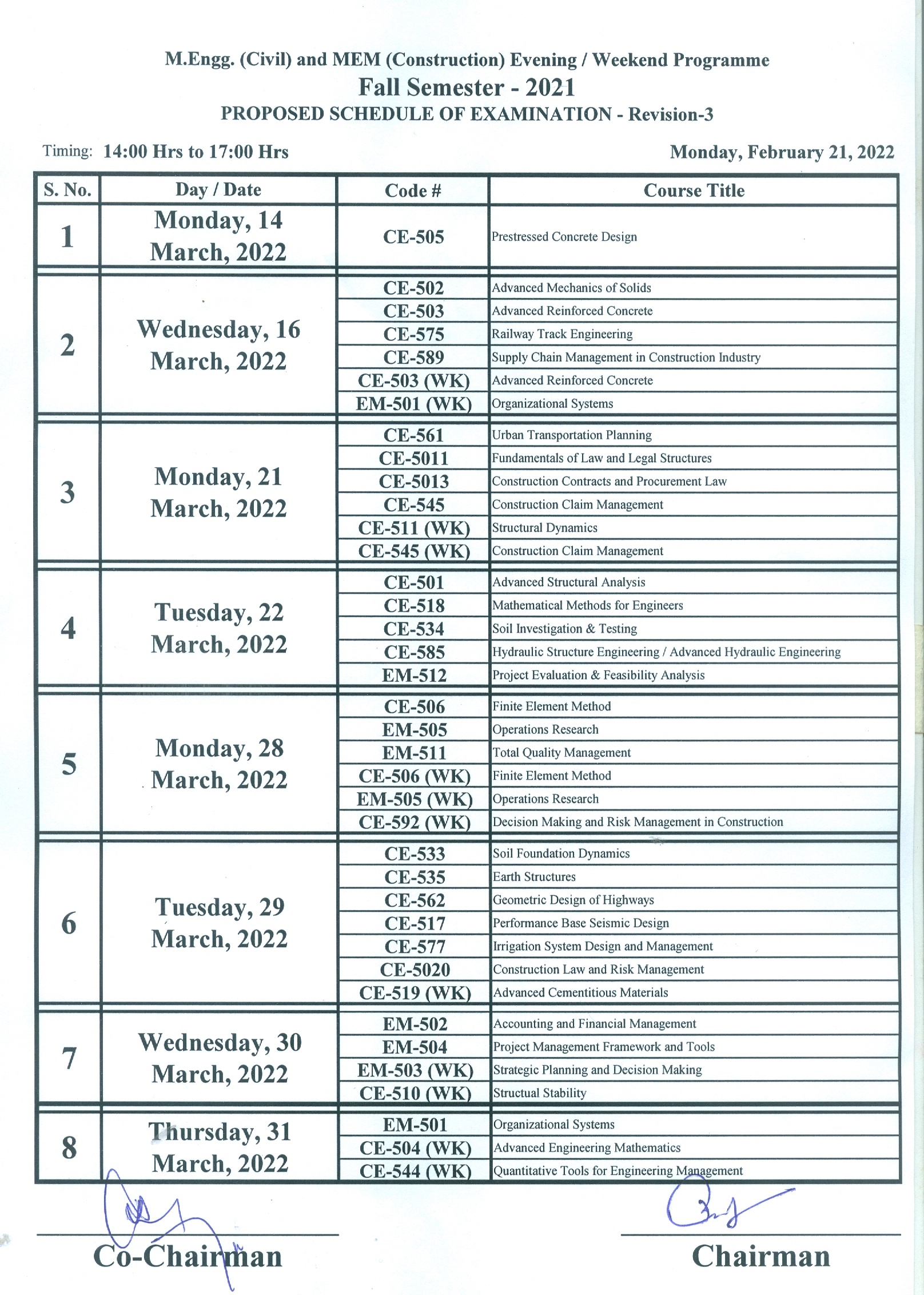 Revised Schedule of Examination for Fall Semester 2021, M.Engg.(Civil