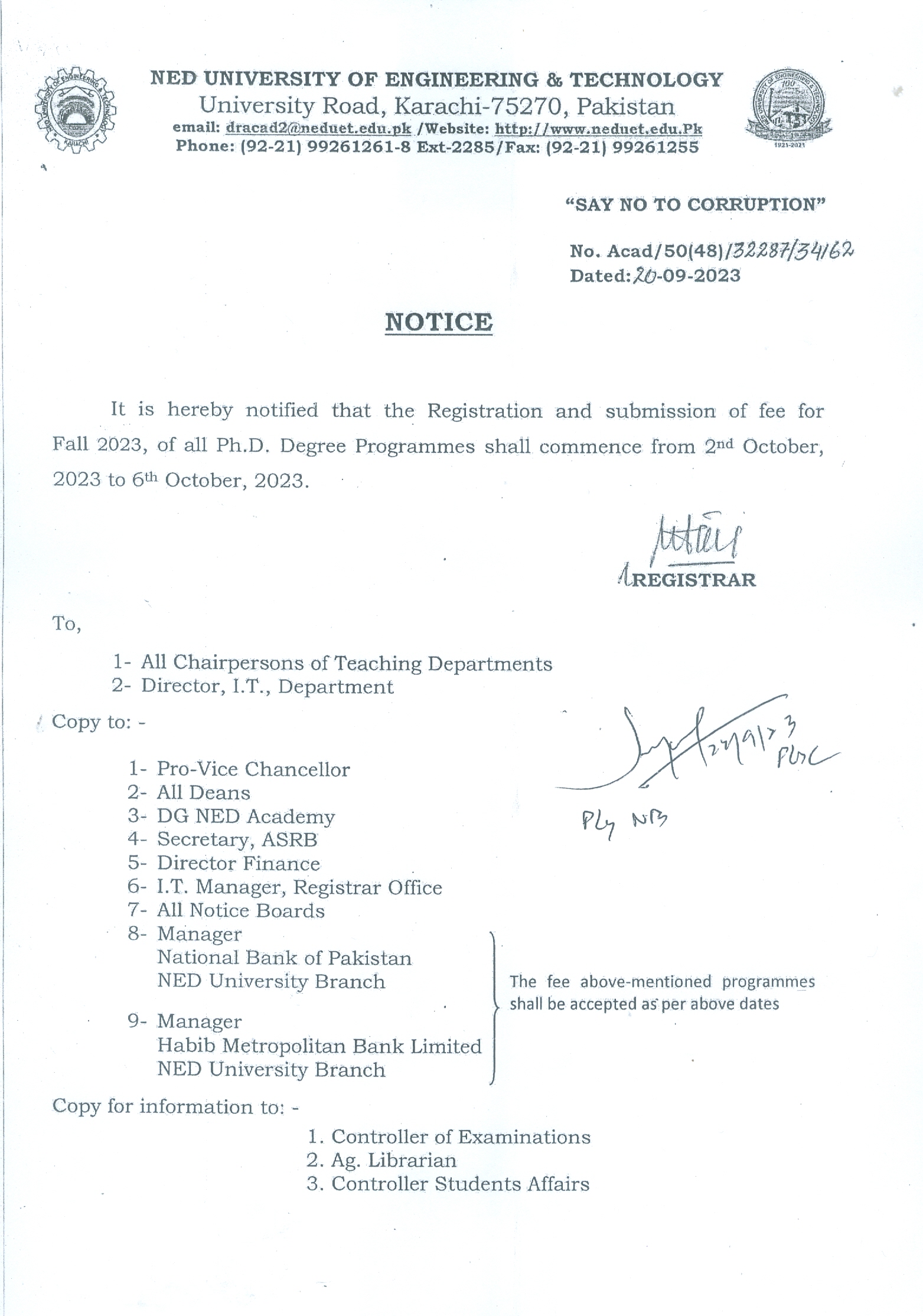 Registration  and Submission of phd Fee Notice