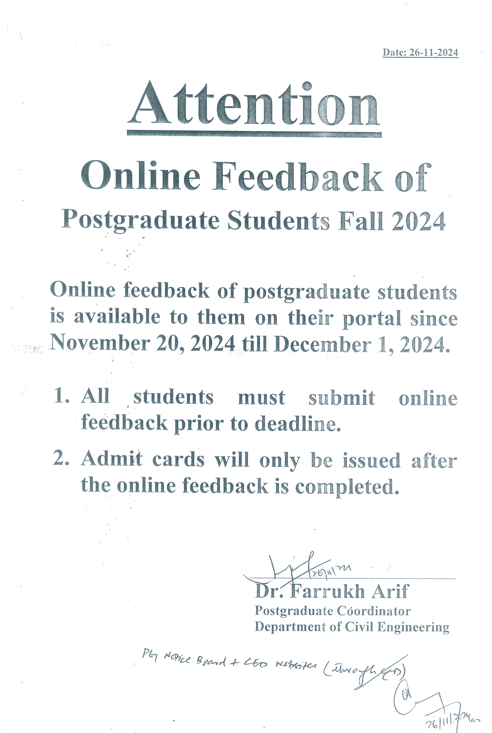 Online Feedback of Post gradate Students Spring Semester 2024