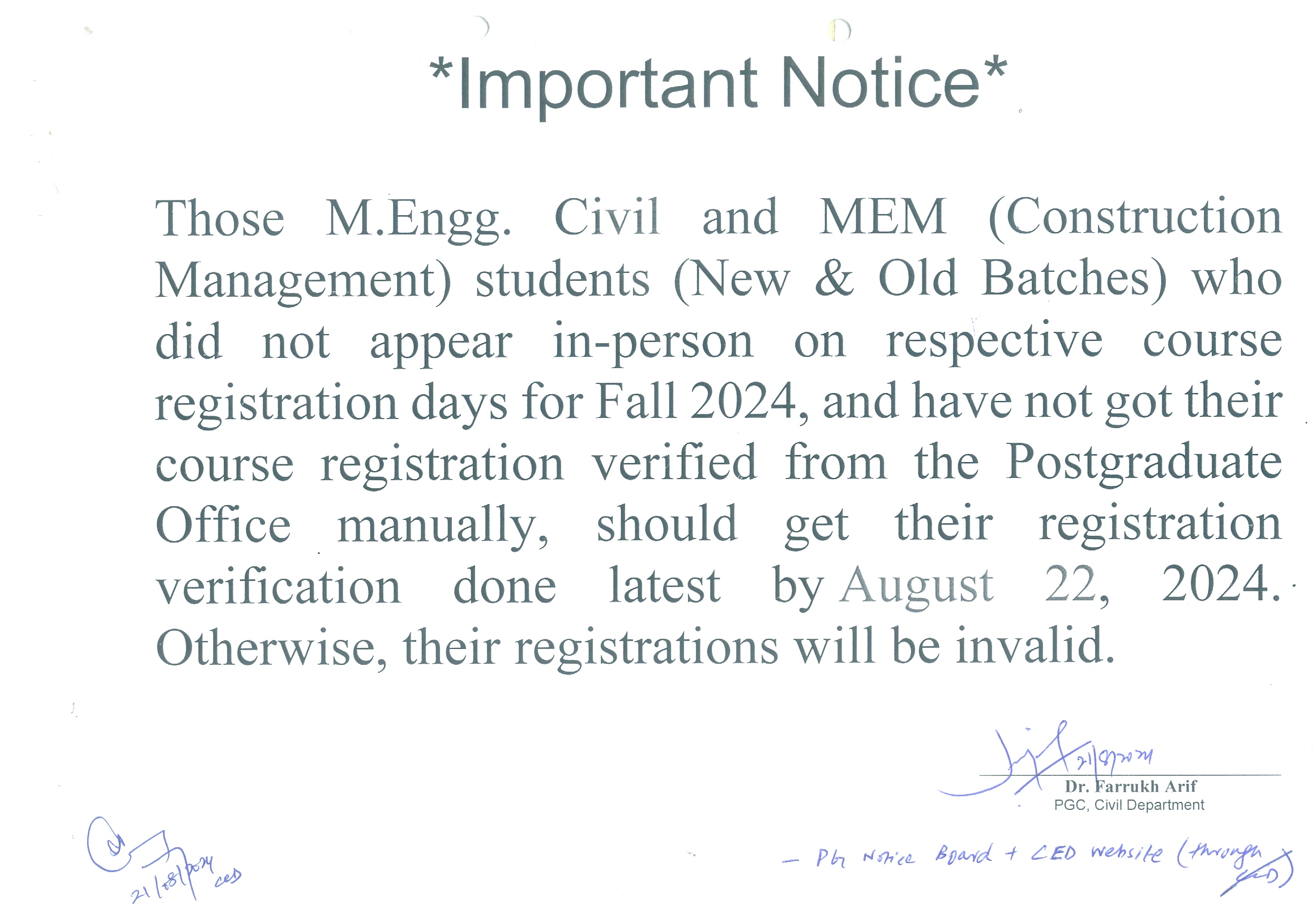 Notice For Postgraduate Registration