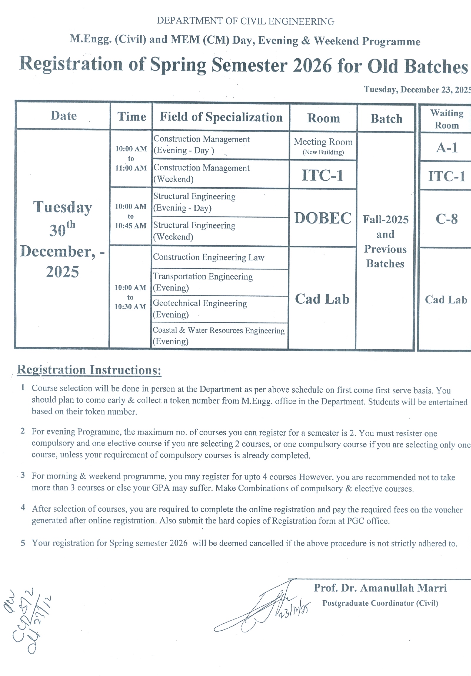 Registration schedule Old Batches