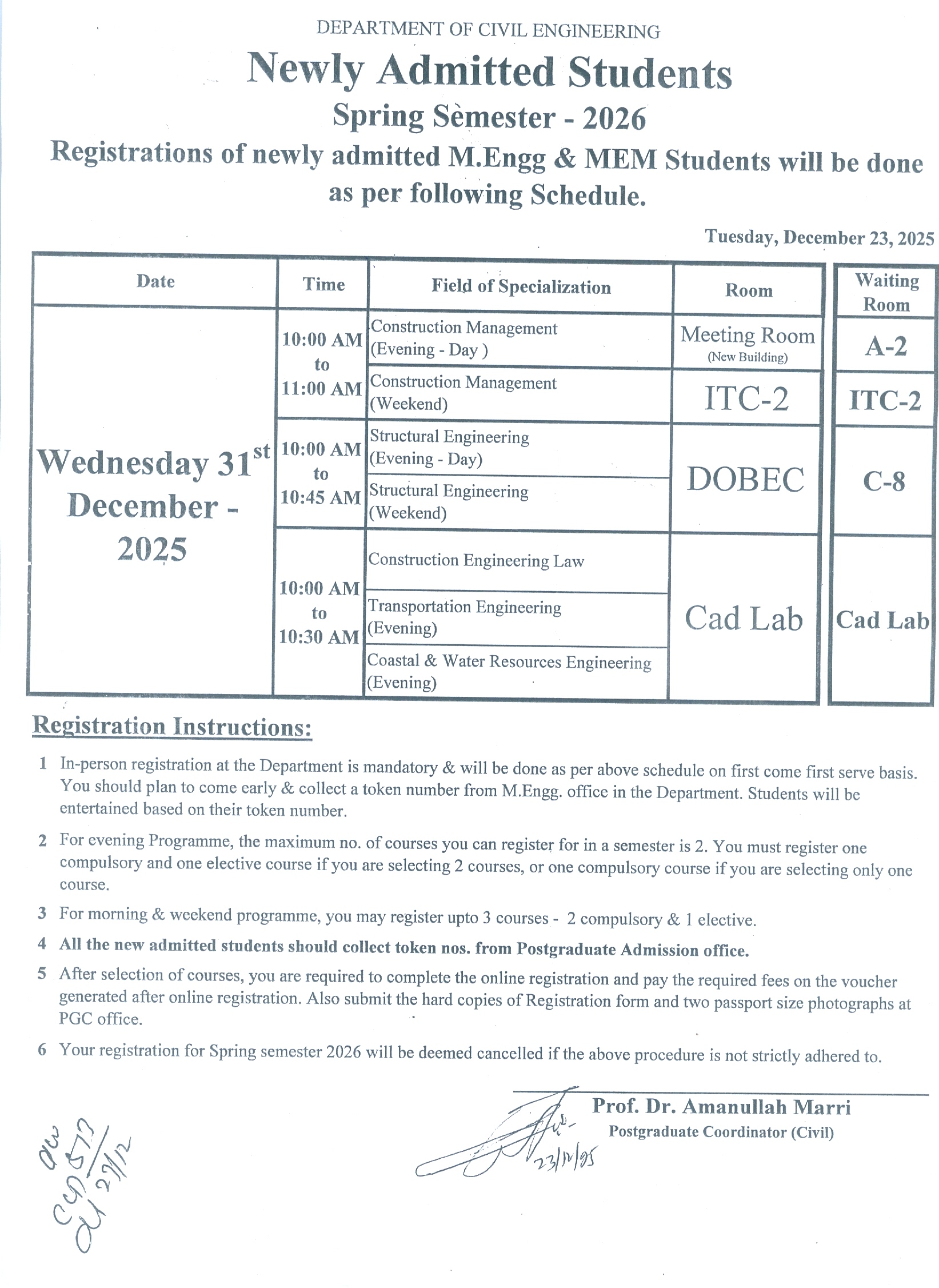 Registration schedule New Batch